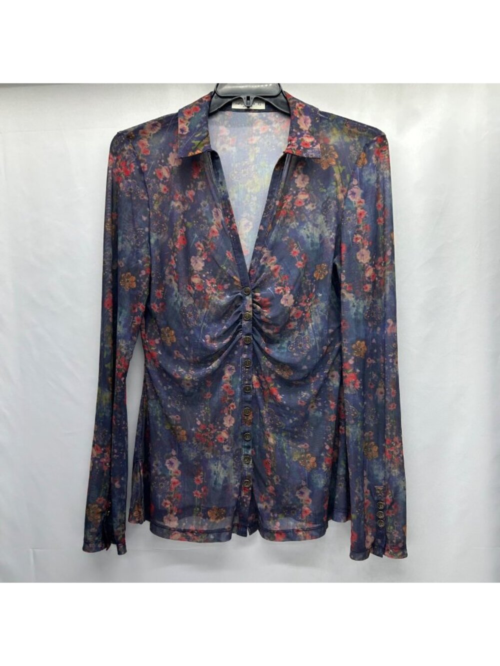 Natural Life Carina Mesh Top Watercolor Indigo Floral W XL